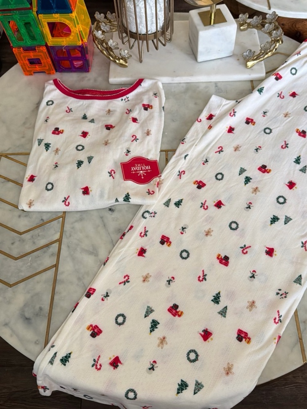 Holiday Time White Kids Pajama Set with Red Trim and Festive Prints